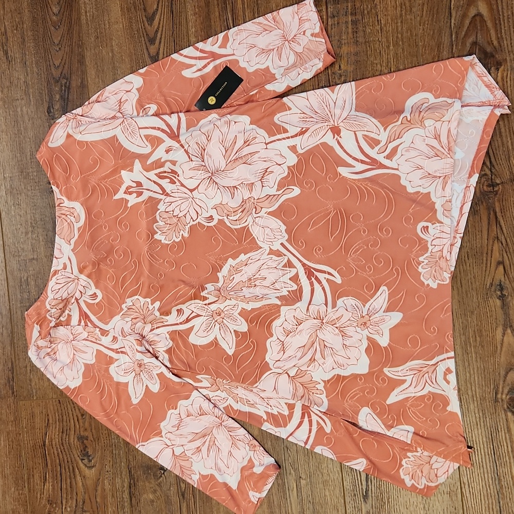 JM Collection Floral Burnt Brick Jacquard Knit 3/4 Sleeve Top Size M NWT